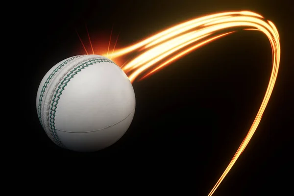 ホワイトクリケットスポーツボールが空中を飛行し 孤立した背景に輝く賢明な光の流れの中を飛行します 3Dレンダリング — ストック写真