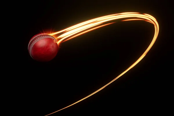 Een Rode Cricket Sport Bal Vliegen Door Lucht Met Een Stockfoto