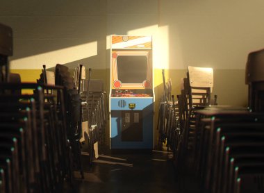 A vintagegeneric arcade video game cabinet on a yellow wall in a room flanked with stacked chairs lit by a window light - 3D render clipart