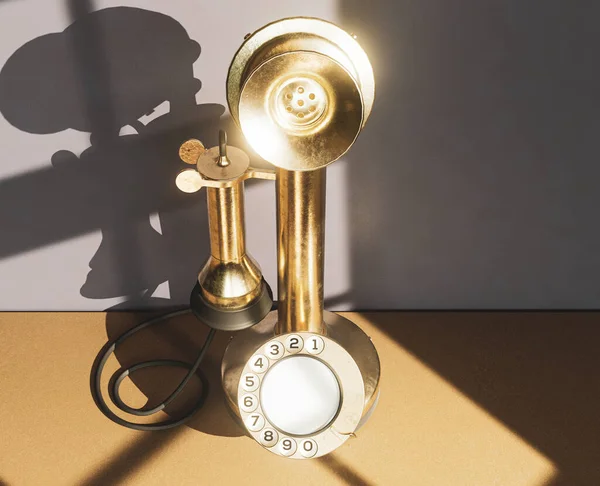 壁に照らす朝の棚に真鍮製のヴィンテージレトロキャンドルスティックベル電話 3Dレンダリング — ストック写真