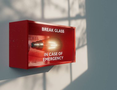 Kırılabilir camlı, içinde ampul bulunan acil durum kutusu için bir kırmızı. 3D render.