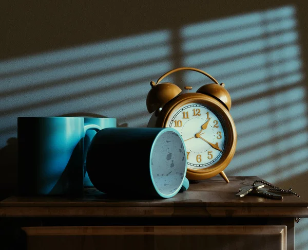 Bir Konsept Sahnesinde Yatağın Kenarındaki Masada Kirli Kahve Fincanlarının Anahtarları — Stok fotoğraf