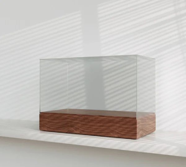 An empty glass display case with a wooden base sitting on a white shelf and wall background - 3D render