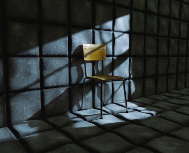 Bir akıl hastanesinde pencere lambasıyla aydınlatılan boş sarı sandalyeli siyah, beyaz yastıklı bir hücre.