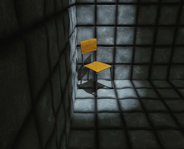 Tmavě Špinavá Bílá Čalouněná Cela Psychiatrické Léčebně Prázdnou Žlutou Židlí — Stock fotografie