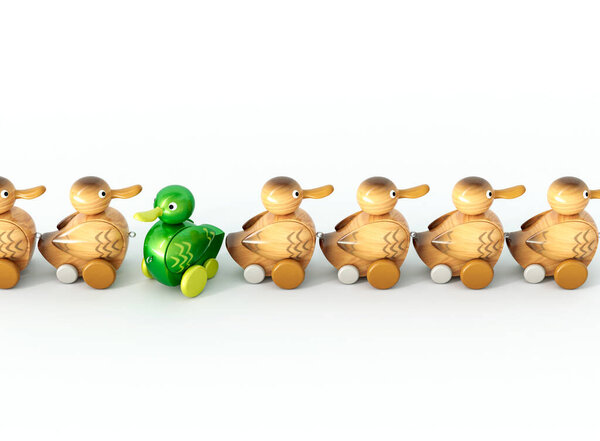 A non-conformist depiction of a green shiny toy duck in an opposite direction to a row of ordinary wooden ducks on an isolated background - 3D render