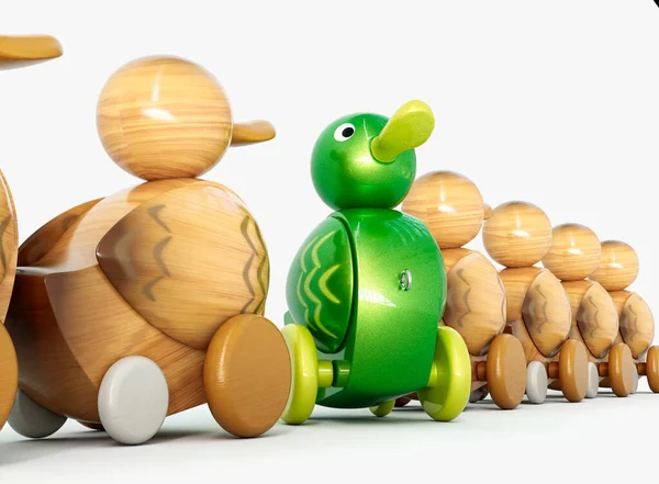 Uma Representação Não Conformista Pato Brinquedo Verde Brilhante Uma Direção — Fotografia de Stock