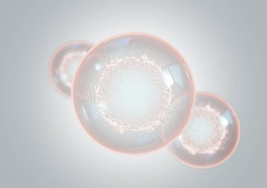 A concept of suspended transparent liquid molecules with a hex patterned nucleus on a micro background - 3D render clipart