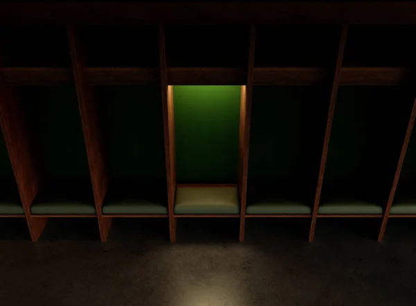 Green Themed Wood Sports Locker Change Room Dark One Cubicle — Stock Photo, Image
