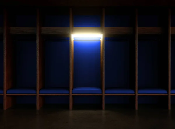Ein Blauer Umkleideraum Für Sportkleidung Aus Holz Dunkeln Mit Einer Stockbild