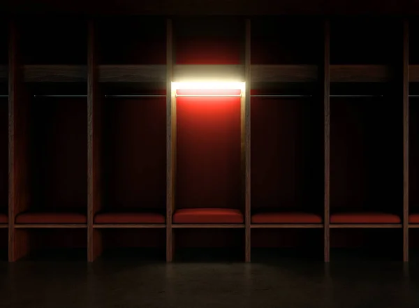 Vestuario Deportivo Madera Temática Roja Oscuridad Con Cubículo Iluminado Aislamiento Imagen De Stock