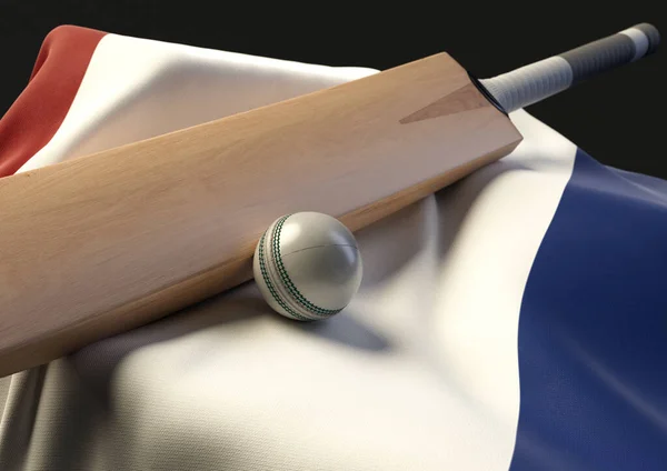 Basamento Con Una Palla Cricket Pipistrello Appoggiato Una Bandiera Olandese — Foto Stock