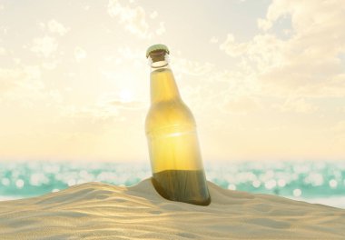 Bir bira şişesi kumsalda dinleniyor mavi okyanus arka planında - 3D görüntüleme
