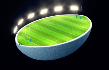 Bir rugby topu ikiye bölündü. İşaretli yeşil çimen ragbi sahasını ortaya çıkardı. Geceleri aydınlatılmış projektörlerin altında goller vardı.