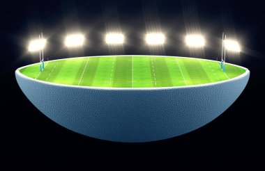 Bir rugby topu ikiye bölündü. İşaretli yeşil çimen ragbi sahasını ortaya çıkardı. Geceleri aydınlatılmış projektörlerin altında goller vardı.