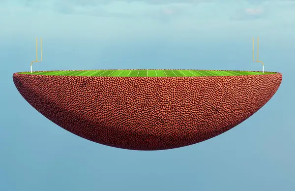 An american football ball split in half revealing a marked green grass football pitch with goals in the daylight - 3D render