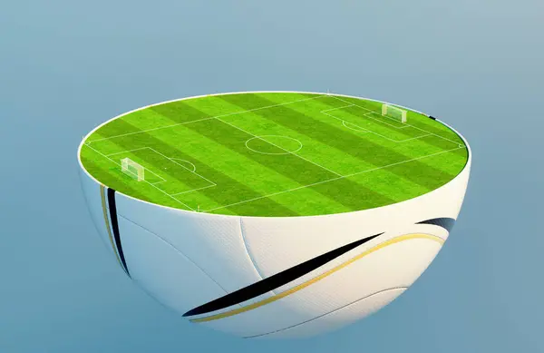 Ein Zwei Hälften Geteilter Fußball Offenbart Einen Markierten Grünen Rasenfußballplatz — Stockfoto