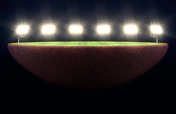 在灯光照射下 一个美国足球球被劈成两半 露出一个醒目的绿色草皮足球场 夜间有目标 3D渲染 — 图库照片