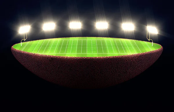 アメリカンフットボールのボールが半分に分割され 照らされたフラッドライトの下で夜に目標を持つマークされた緑の草のサッカーのピッチが明らかになります 3Dレンダリング — ストック写真
