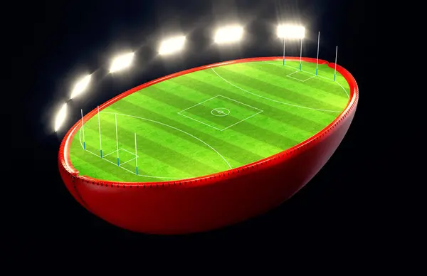 オーストラリアのルールボールが半分に分割され 照らされたフラッドライトの下で夜に目標を持つマークされた緑の草のサッカーのピッチが明らかになります 3Dレンダリング — ストック写真