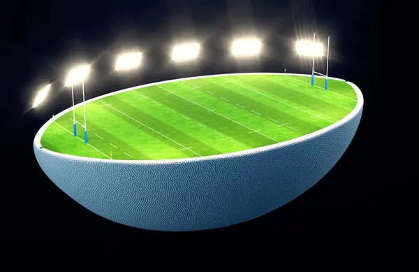 Una Palla Rugby Divisa Metà Rivelando Campo Rugby Marcato Erba — Foto Stock