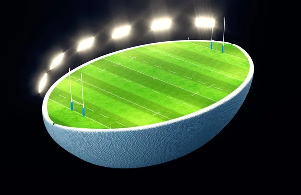 ラグビーボールが半分に分割され 照らされたフラッドライトの下で夜のゴールでマークされた緑の草のラグビーピッチを明らかにします 3Dレンダリング — ストック写真