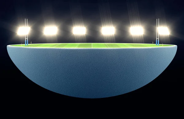 ラグビーボールが半分に分割され 照らされたフラッドライトの下で夜のゴールでマークされた緑の草のラグビーピッチを明らかにします 3Dレンダリング — ストック写真