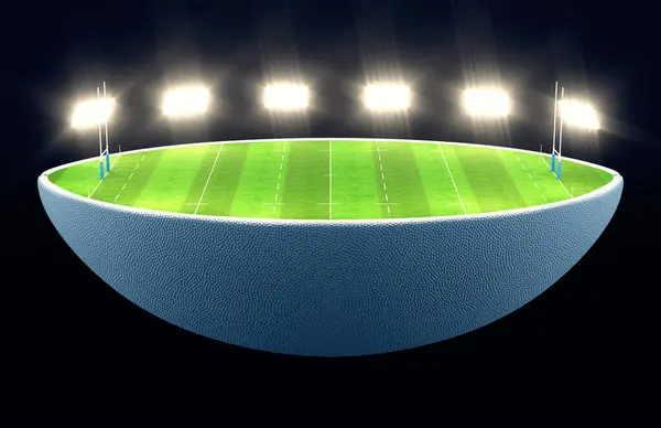 在灯光照射下 一个橄榄球球被劈成两半 露出一个醒目的绿色草地橄榄球球场 夜间有目标 3D渲染 — 图库照片