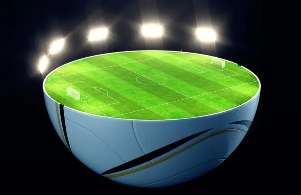 Soccer Ball Split Half Revealing Marked Green Grass Football Pitch — Stock Photo, Image