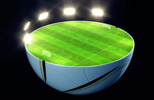 Soccer Ball Split Half Revealing Marked Green Grass Football Pitch — Stock Photo, Image