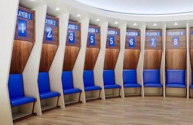 Spor soyunma odası numaralandırılmış bölmelerden oluşan yarı daire ve ahşap döşeme üzerinde yastıklı koltuklardan yapılmıştır.