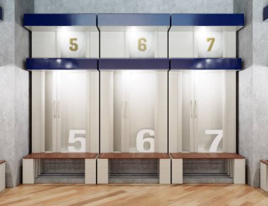 A sports locker room made of cubicles with cupboards numbered shirts a wooden bench and flooring - 3D render