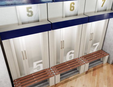 A sports locker room made of cubicles with cupboards numbered shirts a wooden bench and flooring - 3D render