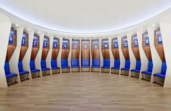 A sports locker room made of a semi circle of numbered cubicles and a padded seats on wooden flooring - 3D render
