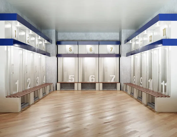 A sports locker room made of cubicles with cupboards numbered shirts a wooden bench and flooring - 3D render