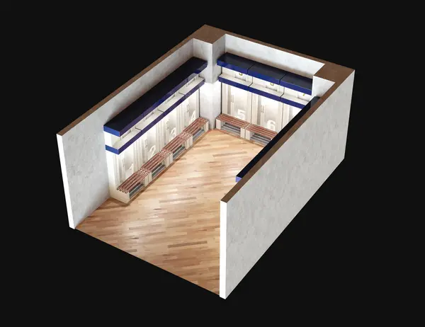 A sports locker room made of cubicles with cupboards numbered shirts a wooden bench and flooring - 3D render