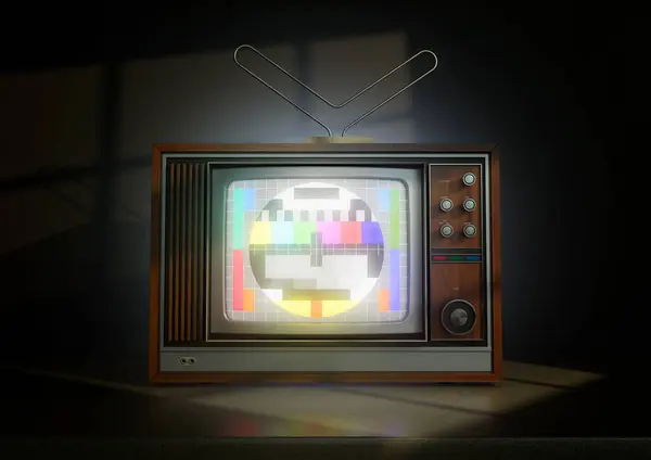 A dark room with a vintage television set from the eighties displaying a broadcast test pattern  - 3D render