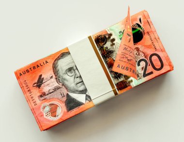 Bir tomar Australlia Doları banknotları izole ışık arka planı - 3D görüntüleme