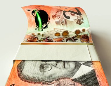 Bir tomar Australlia Doları banknotları izole ışık arka planı - 3D görüntüleme