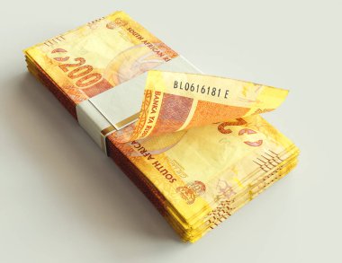 İzole edilmiş ışık arkaplanı üzerine bir tomar Güney Afrika Rand banknotu - 3D görüntüleme