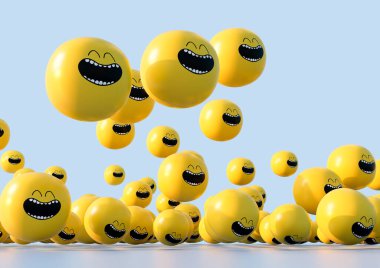 Büyük gülen yüzlü, yuvarlak sarı kafaların hafif arka planda sallanışını gösteren bir konsept - 3D görüntüleme