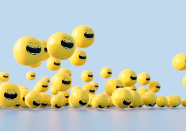 Büyük gülen yüzlü, yuvarlak sarı kafaların hafif arka planda sallanışını gösteren bir konsept - 3D görüntüleme