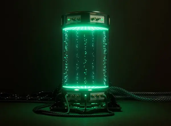 A dark futuristic concept science lab cryogenic test tube machine filled with glowing liquid and bubbles with connected cables and rubber pipes - 3D rende