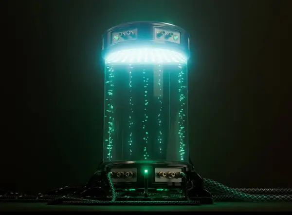 A dark futuristic concept science lab cryogenic test tube machine filled with glowing liquid and bubbles with connected cables and rubber pipes - 3D rende