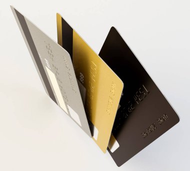 İzole edilmiş beyaz stüdyo arkaplanındaki genel boş banka kartı koleksiyonu - 3D görüntüleme