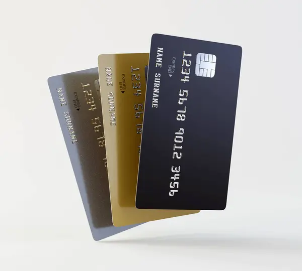 A collection of generic blank bank credit card on an isolated white studio background - 3D render