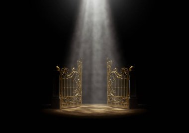 A concept of the open golden gates of heaven spotlit from above by an ethereal light on a dark moody background - 3D render clipart
