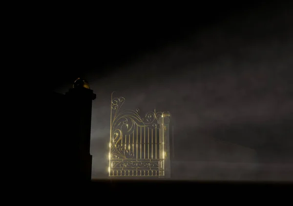 A concept of the open golden gates of heaven backlit from behind by an ethereal light on a dark moody background - 3D render