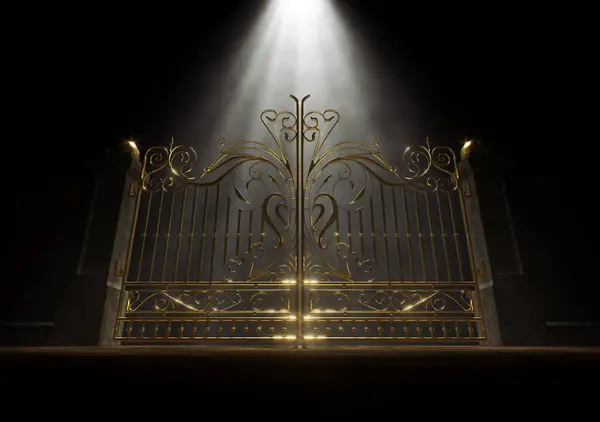 A concept of the closed golden gates of heaven spotlit from above by an ethereal light on a dark moody background - 3D render
