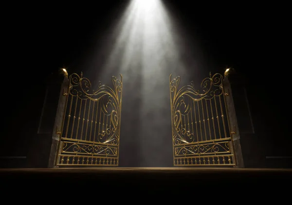 A concept of the open golden gates of heaven spotlit from above by an ethereal light on a dark moody background - 3D render